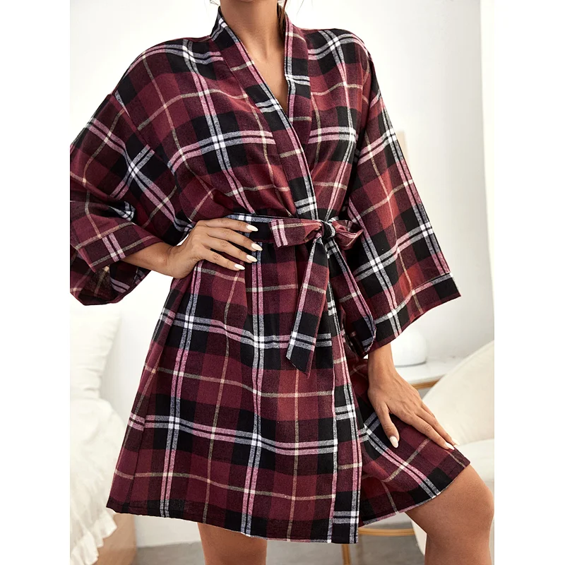 Plaid Short Knit Bamboo Woman's Robe Belt Custom Manufacture Women Luxury Cotton Bath Robe