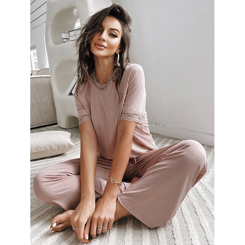 Pajamas Shorts Sets Pink Bamboo Viscose Women Sleepwear Contrast Lace Tee & Pants Bamboo Viscose Pajamas Women