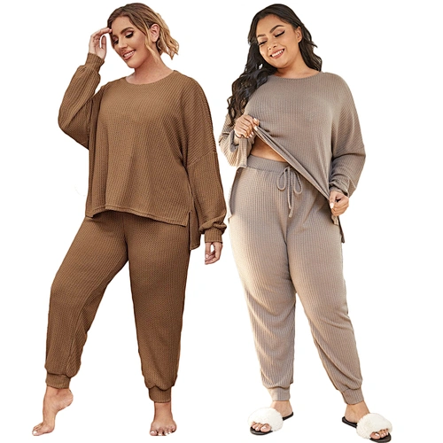 Custom Waffle Knit Women Waffle Pajama High Low Hem PJ Set Plus Size Pajamas