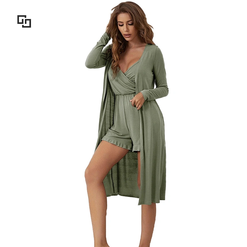 2022 Ladies Women 2 Pieces Solid Cami Romper Belted Robe Lounge Set