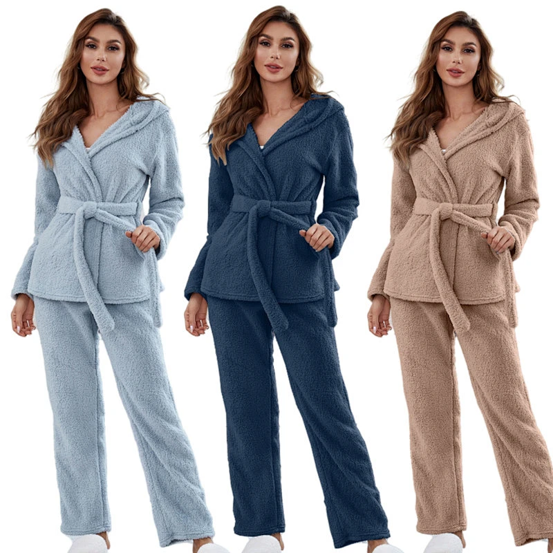 New Fleece Winter Belt Pyjama Pour Femmes Flannel Long Pjs Cozy Hooded Two Pieces Women Fuzzy Lounge Wear Sets