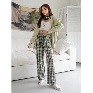 100% Cotton Lounge Pants Women Plaid Elastic Waist Wholesale Pajama Pants