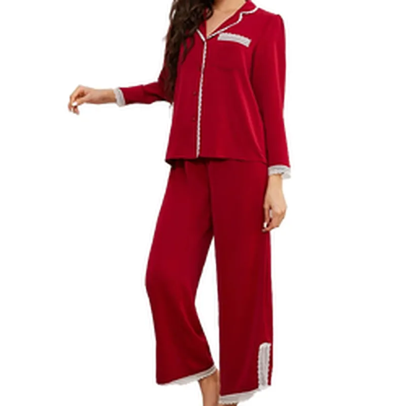 Cotton Pajamas Women Burgundy Pajama Set Cotton Woman Contrast Lace Long Sleeve Cotton Pajamas