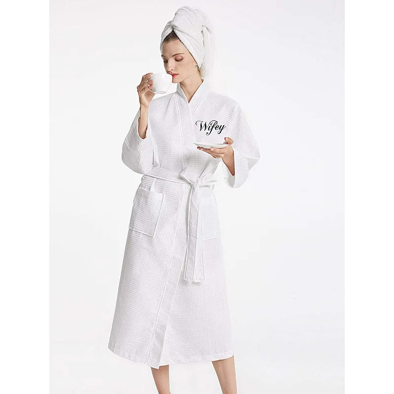 Calf Length Cotton Waffle Robe Loose Kimono Dressing Gown Hotel Couple Spa Bath Robes