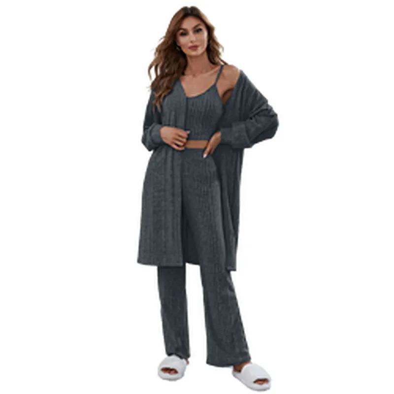 2022 New Femme Pyjama Loungewear Sets Ribbed Cami Pants Pajamas 3 Pieces Custom Women Lounge Wear
