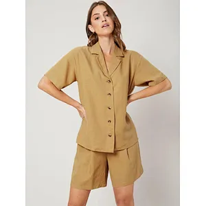 Casual Summer Linen Loungewear Straight Fit Pyjamas Blouse & Shorts Set Womens Linen Set