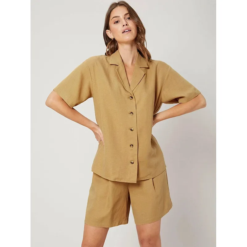 Casual Summer Linen Loungewear Straight Fit Pyjamas Blouse & Shorts Set Womens Linen Set