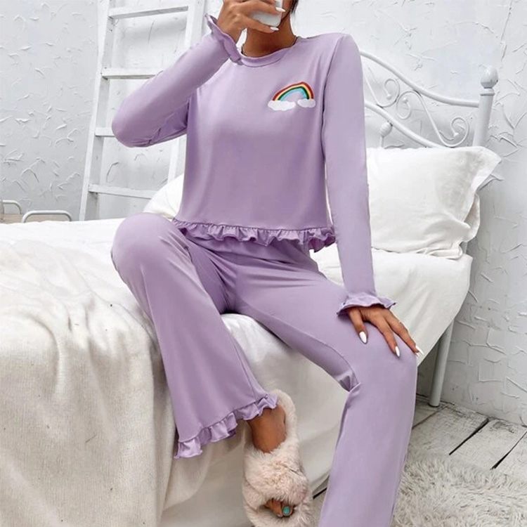 2022 Lilac Purple Rainbow Print Flounce Sleeve Ruffle Hem Top & Pants Cotton Lounge Wear Set