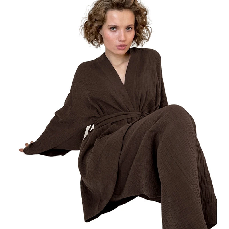 Kimono Cozy Woven Lounge Pants Robe Sets Solid Custom Winter Bath Dame Designer Cotton  Women Linen Robes
