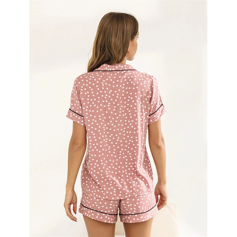 Polka Dot Print Summer Short Bamboo Pajamas Contrast Piping Blouse & Shorts Pijama Custom Women Pyjama
