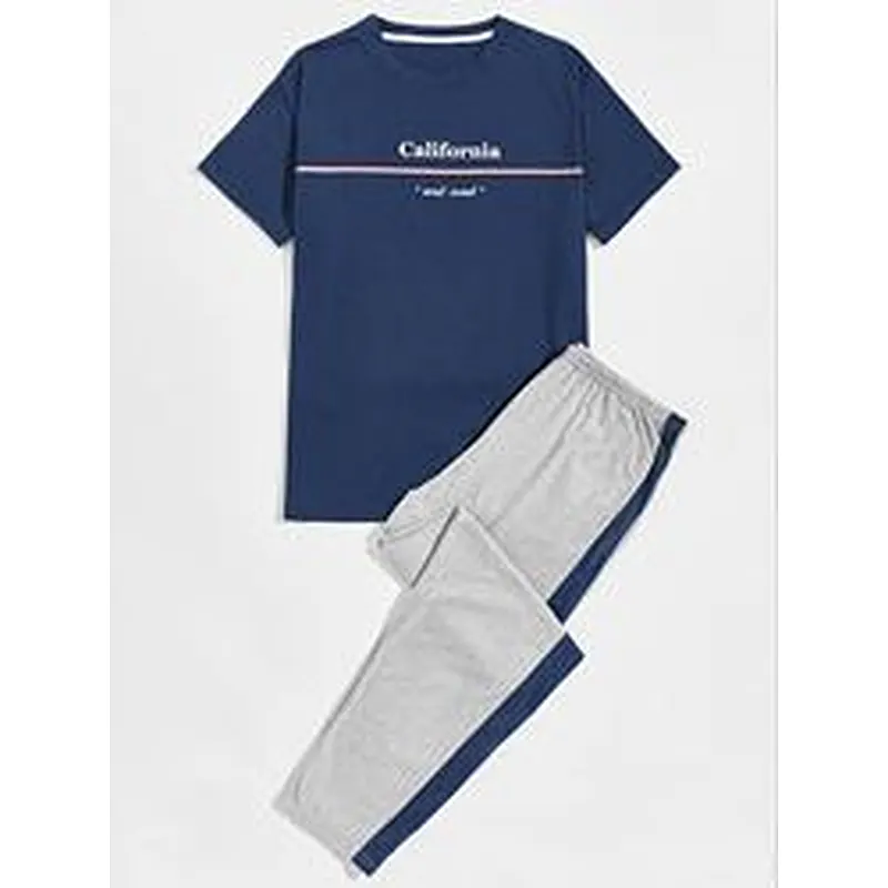Wholesale letter graphic 2pcs men pajamas short sleeve shirt and pants Sleepwear custom loungewear