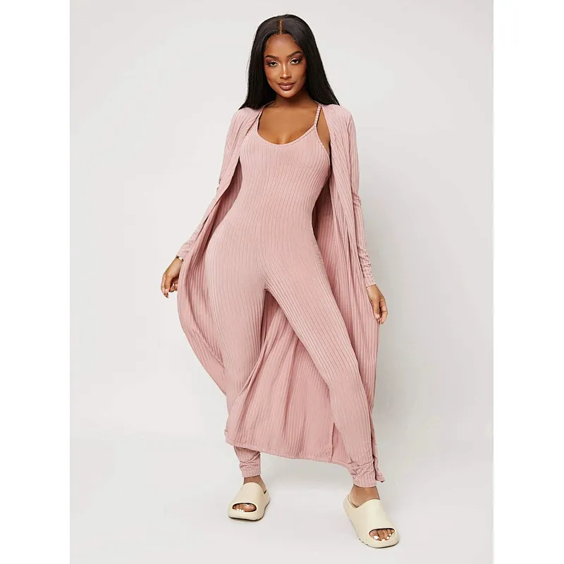 Custom 2 Piece Lounge Wear Sets Women Rib-knit Sleeveless Jumpsuit with Coat Loungewear