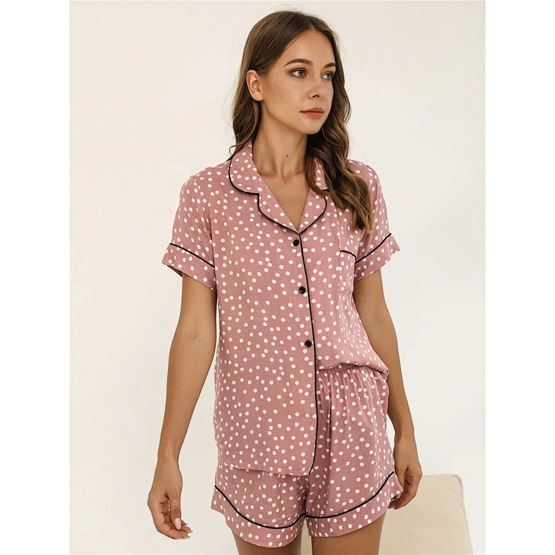 Polka Dot Print Summer Short Bamboo Pajamas Contrast Piping Blouse & Shorts Pijama Custom Women Pyjama