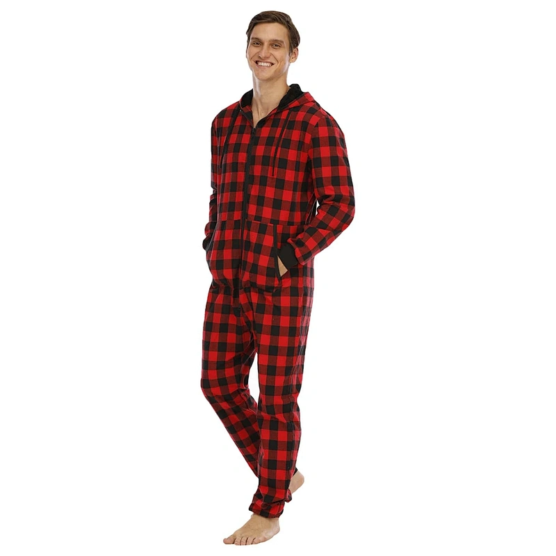 Male Adult Men Gingham Kangaroo Pocket Hooded Cotton Sleep Zipper Jumpsuit One Piece Pajamas