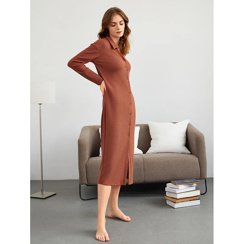 Waffle Knit Sleepshirt Long Sleeve  Button Front Womens Lounge Wear Custom Night Dress