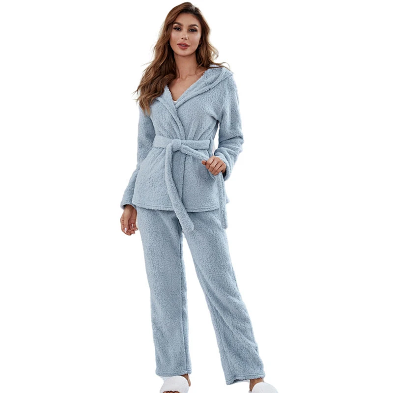 New Fleece Winter Belt Pyjama Pour Femmes Flannel Long Pjs Cozy Hooded Two Pieces Women Fuzzy Lounge Wear Sets
