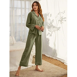 2022 NEW Custom Spring Long Sleep Wear Set Contrast Binding Button Through  Bamboo Pajamas