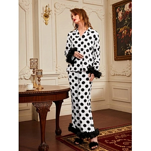 2022 Women Two Pieces Sleepwear Mesh Cuff Polka Dot Blouse and Pants Luxury New Design Pajamas