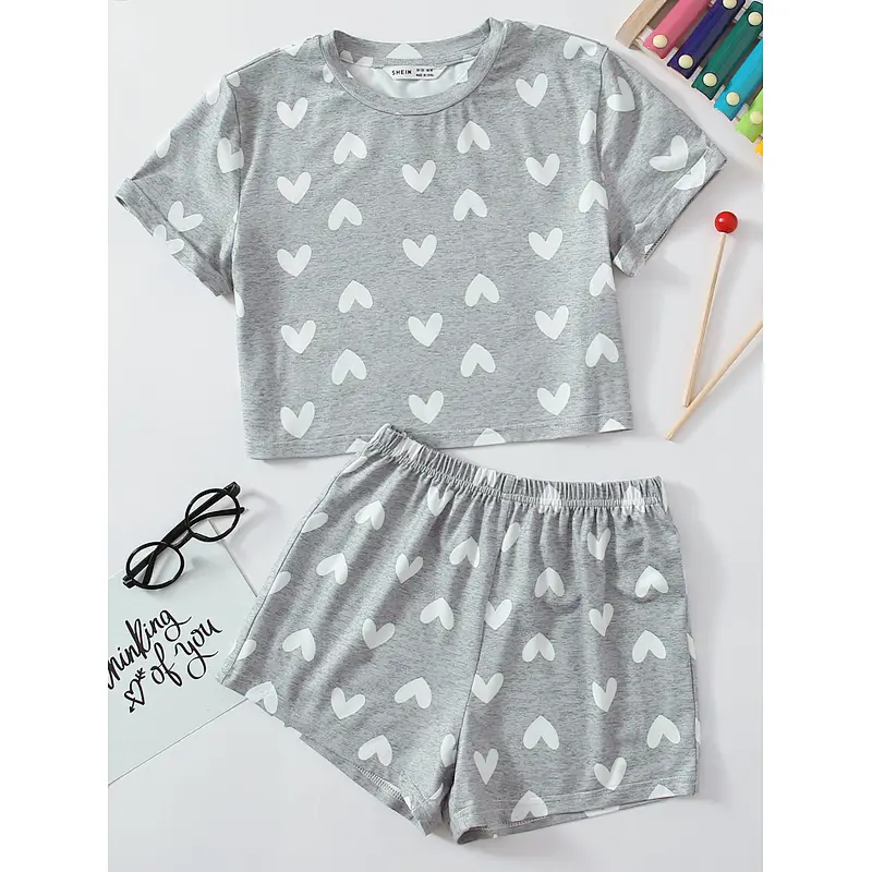Little Kid and Toddler Girls Sleepwear Heart Print Top & Shorts PJ Set Children Pajamas