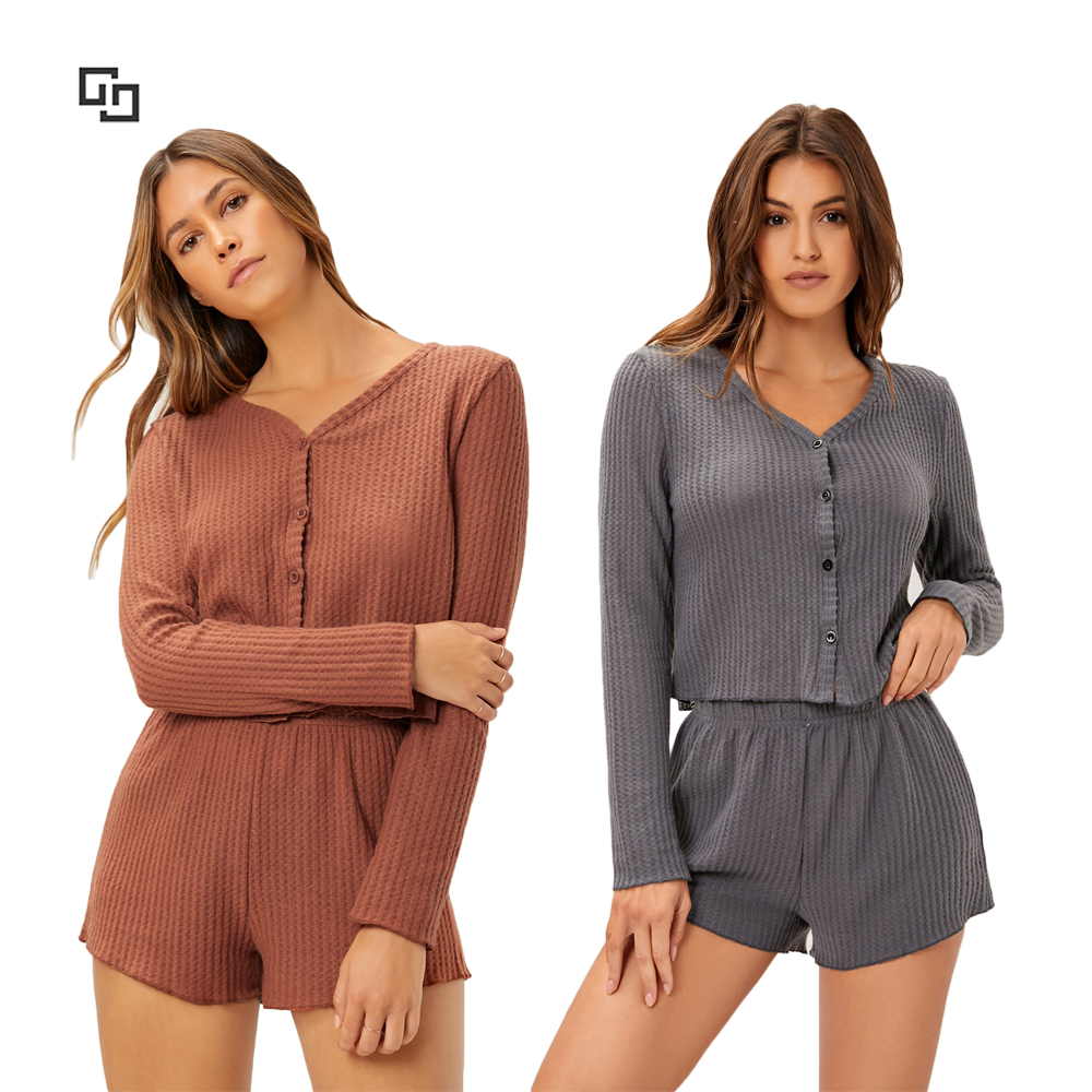 Wholesale Lounge Wear V Neck Button Front Tee & Shorts Lounge Set Women Loungewear Sets