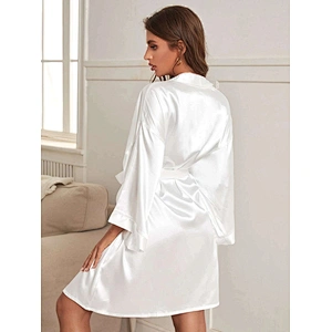 Drop Shoulder Belted Satin Lounge Bridal De Luxe Kimono Bath Robe