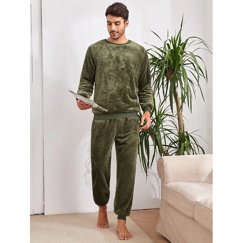 Casual Shearling Men's Sleepwear Contrast Trim Teddy Top & Pants with Cuff OEM Pajamas for Men