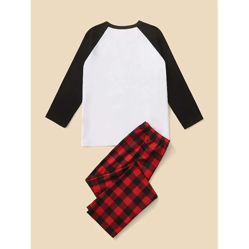 Long Sleeve Matching XMAS Pyjamas Letter Graphic Top &  Buffalo Plaid Pants Christmas Family Pajamas