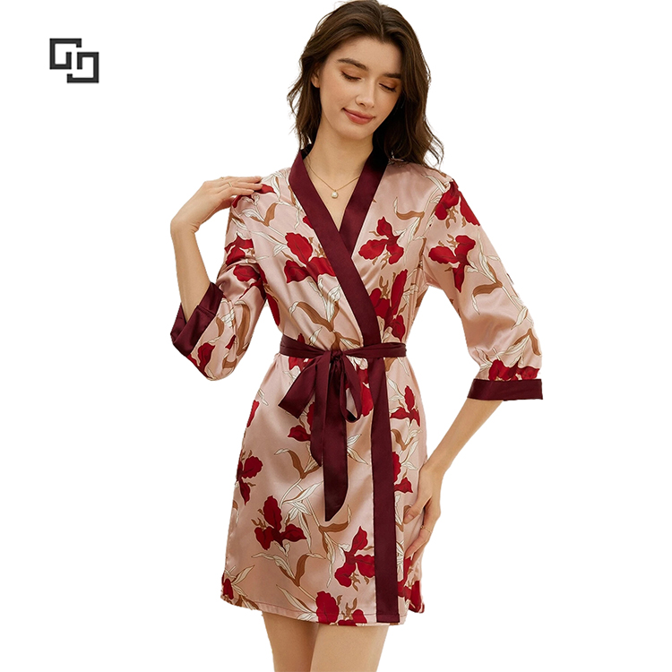 2022 Femme En Floral Print Contrast Trim Belted Satin Sleep Robe