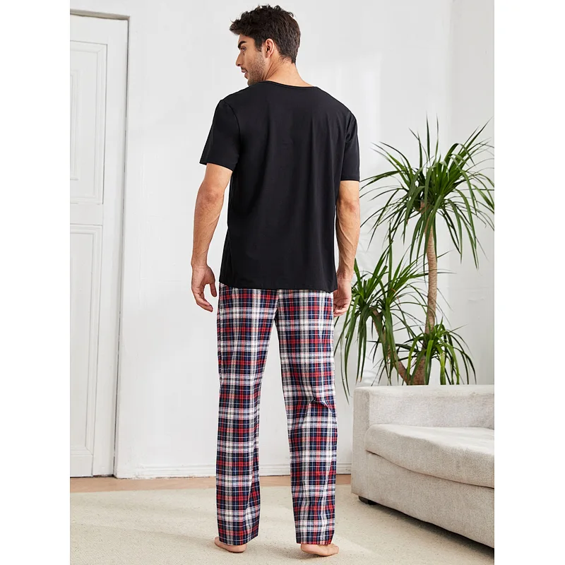 Short Sleeve Casual Cotton Pajama Plaid Slant Pocket PJ Set Mens Loungewear Set