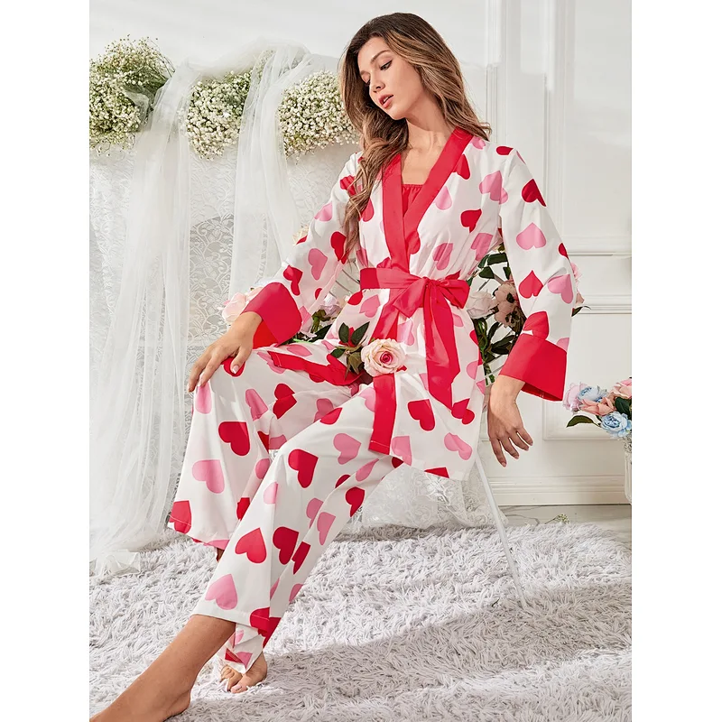 Cute Heart Print Contrast Binding Viscose from Bamboo Pajamas Custom Long Pyjamas Women Sleepwear