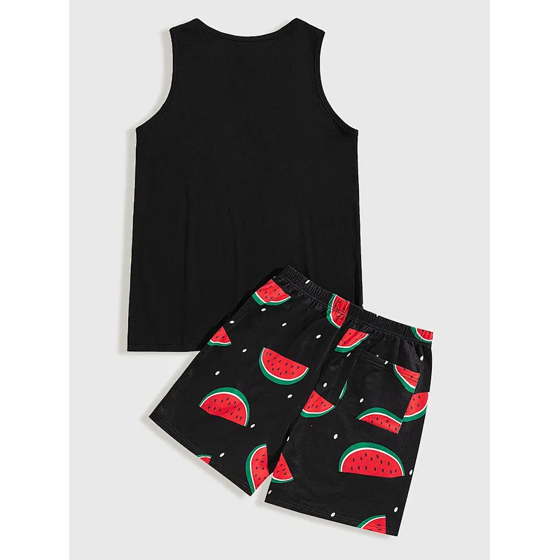 Factory supply 2 pieces knit printed100% cotton ribbed Pajamas private lable men watermelon print tank top shorts pajama set