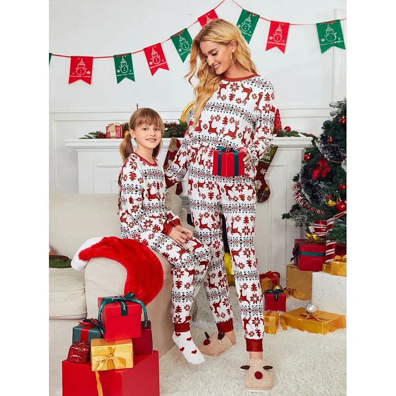 Flannel Warm Family Christmas Pajamas Long Sleeve Top and Pants Custom Mommy and Me Pajamas