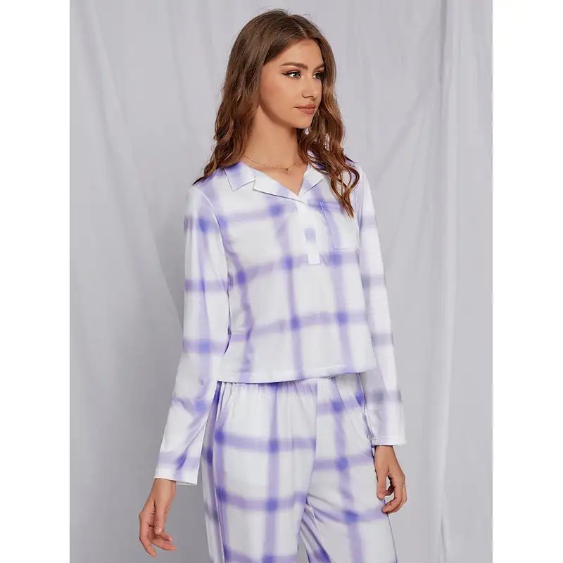 2022 Custom Plaid Print Top Pants PJ Set Winter Homewear For Adults Women Cotton Pajama Set