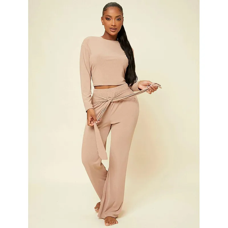 Ribbed Knit Loungewear Women Sets Drop Shoulder Top & Knotted Front Pants Lounge Wear