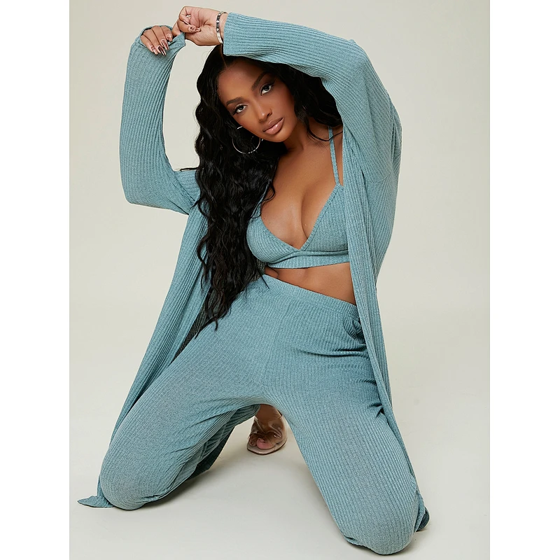 Long Sleeve Casual Lounge Wear 3pcs Solid Rib-knit Women Loungewear Sets