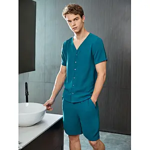 Men Luxury New Designer Solid Plain V Neck Shirt & Shorts PJ Set