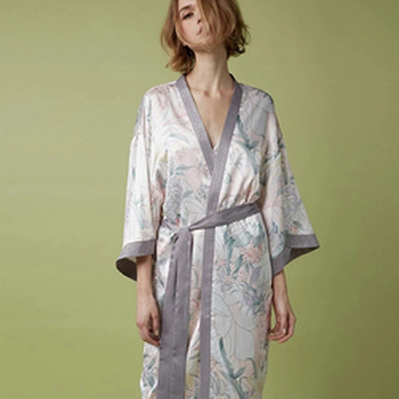 Wholesale Autumn Luxury Satin Pyjamas Robes 2 Pieces Long Sleeve Split Side Belted Silk Floral Night Robe for Bride