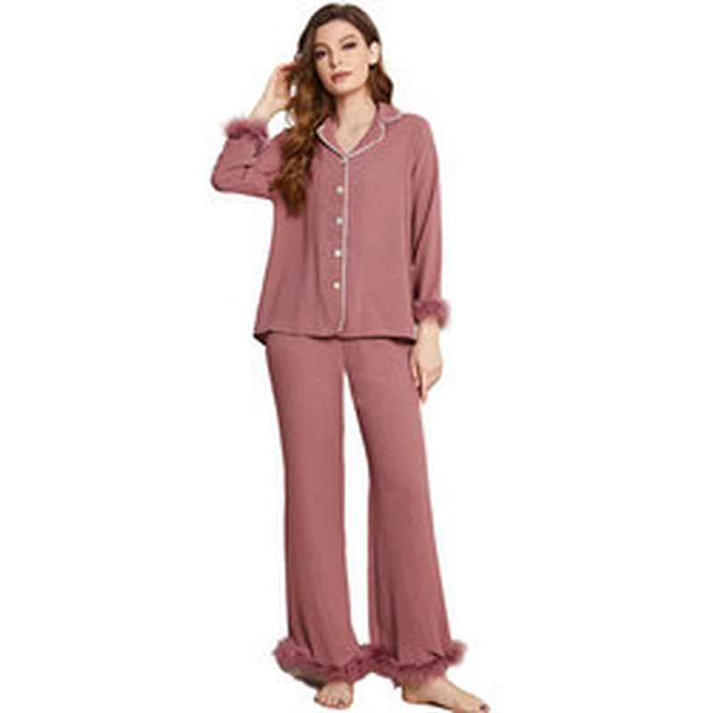 Pyjama Pour Feeme Fur Sleepwear Pijamas Feather Trim Cotton Pjs Wholesale Fuzzy Women Cozy Pajama Sets
