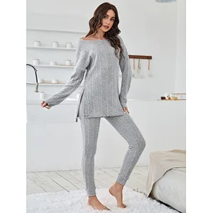Rib Knit Drop Shoulder Pyjamas Women Sleepwear Split Hem Tee & Pants Custom Lounge Wear Set