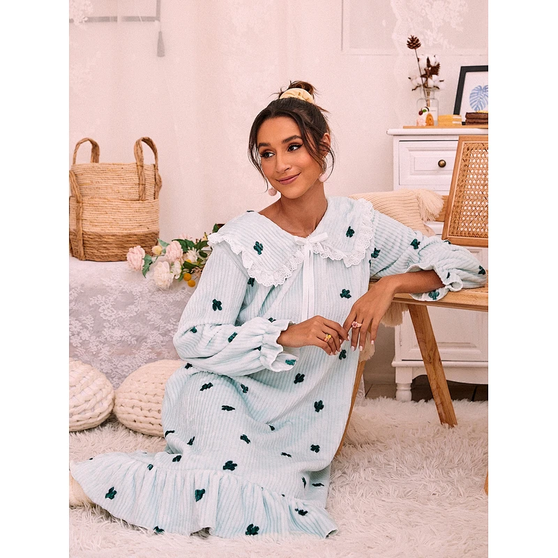 Winter Flannel Nightgown Cactus Pattern Bow Detail Ruffle Hem Night Gown Custom Woman Night Dresses