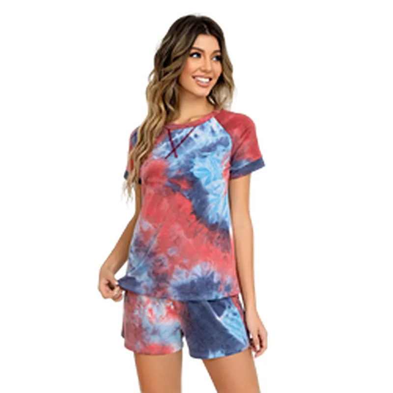 Tie Dye Bamboo Viscose Sleepwear Pajama Top-stitching Bamboo Viscose Pajamas Women Detail Raglan Pajamas Short Sleeve