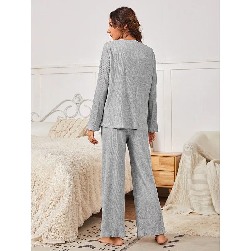 Long Sleeve Button Front V Neck Women Pyjamas Rib Knit Contrast Piping Custom Cotton Pajama Sets