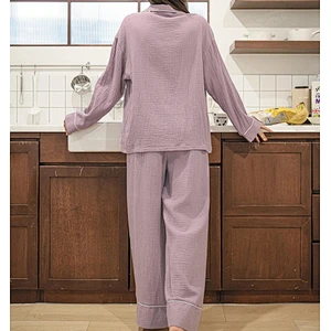 Solid Organic Cotton Pajamas Women Purple Long Set Pyjamas Contrast Binding Sleepwear Pajama Set Cotton