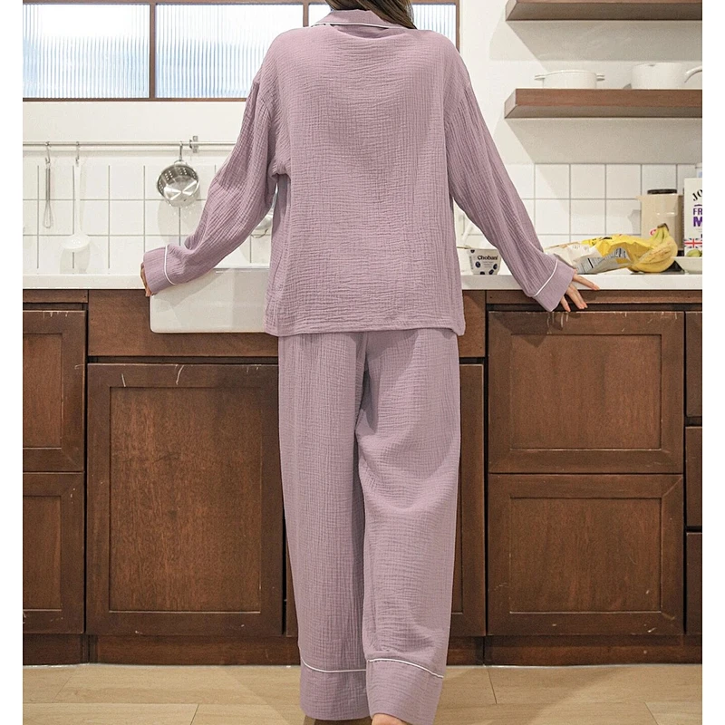 Solid Organic Cotton Pajamas Women Purple Long Set Pyjamas Contrast Binding Sleepwear Pajama Set Cotton