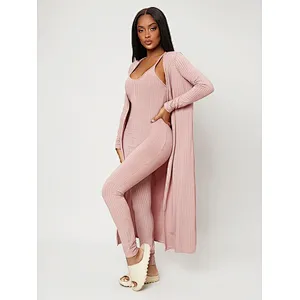 Custom 2 Piece Lounge Wear Sets Women Rib-knit Sleeveless Jumpsuit with Coat Loungewear