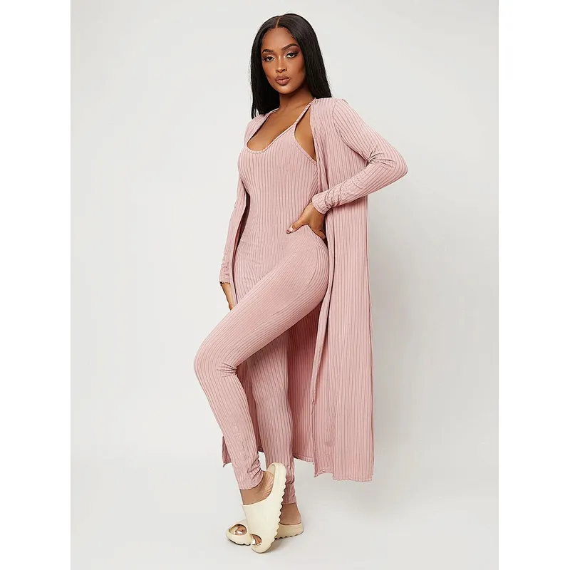 Custom 2 Piece Lounge Wear Sets Women Rib-knit Sleeveless Jumpsuit with Coat Loungewear