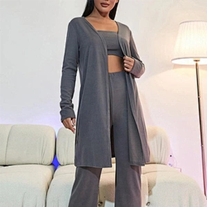 Custom New Arrival Spring Women Sleepwear Solid Tank Top and Pants PJ Set With Coat Lounge Wear Set