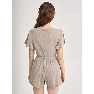 3D Design Custom Adult Lounge Deep V Neck Waffle Knit Rompers Onesie for Women Pajamas