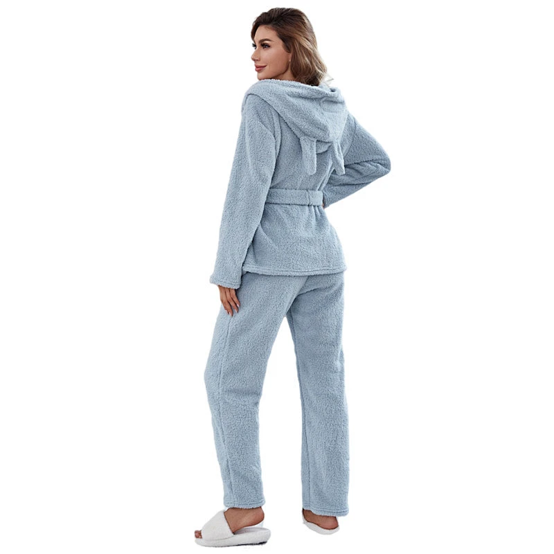 New Fleece Winter Belt Pyjama Pour Femmes Flannel Long Pjs Cozy Hooded Two Pieces Women Fuzzy Lounge Wear Sets