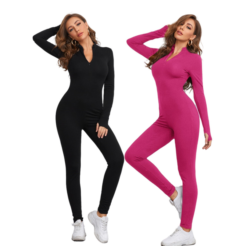 Zipper Half Women Onesie Pajama Adult Sleepwear Solid Romper Girl Romper Long Sleeve Black Jumpsuits For Woman